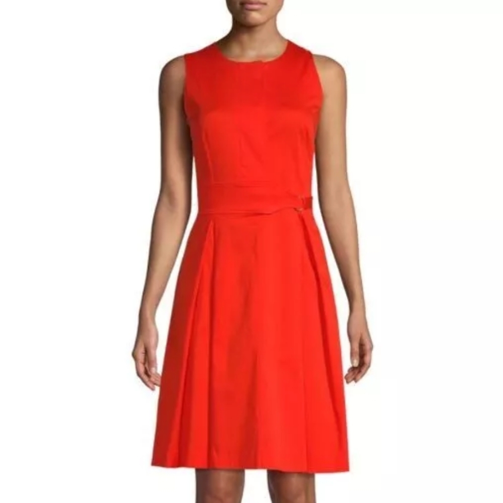 NWT Donna Karen Belted Crewneck Bright Orange Midi Dress - Size 16